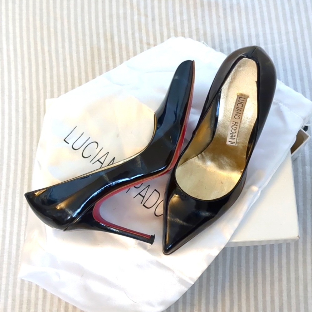 Luciano Padovan patent leather heels shiny black, blue and silver with pink sole